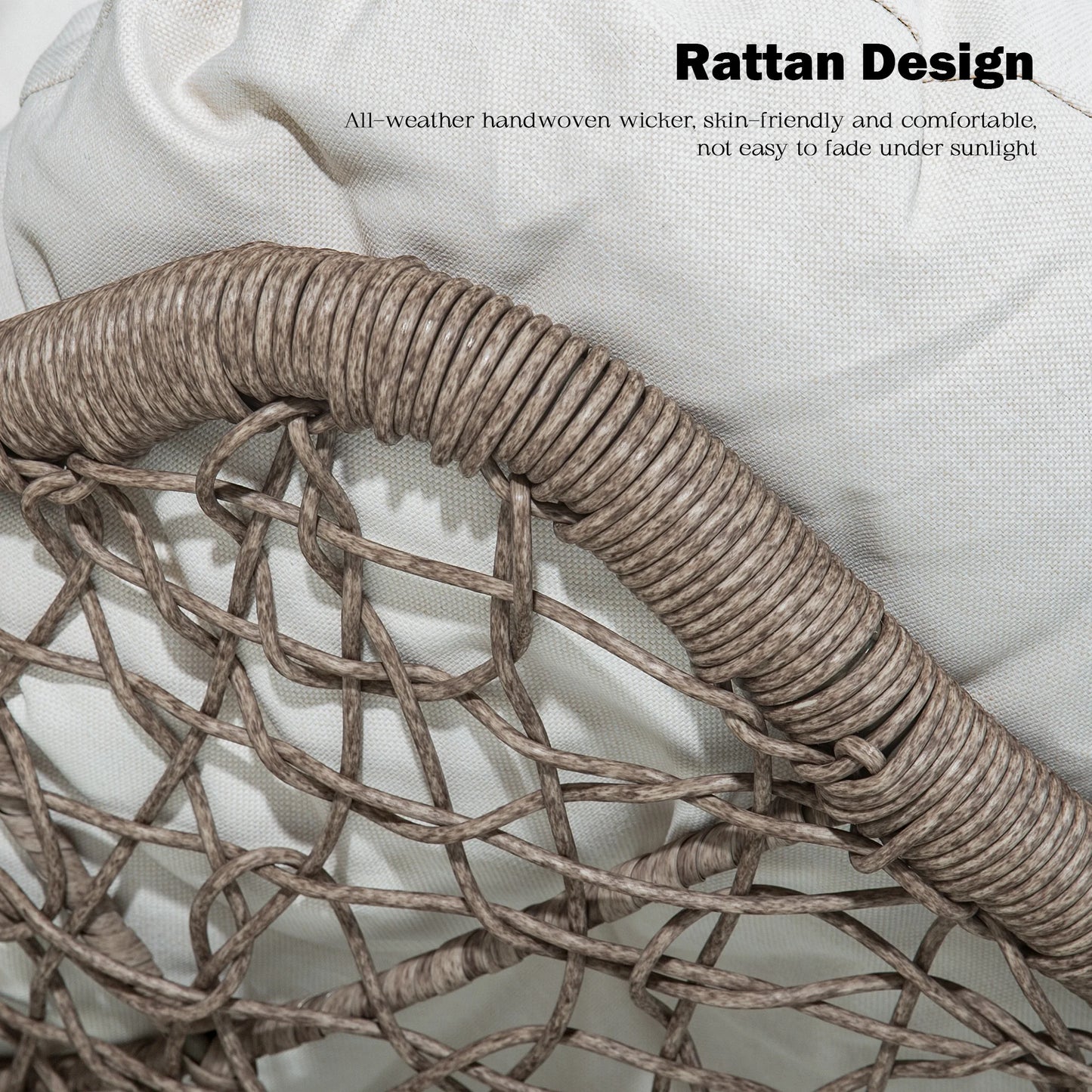 Close-up of a woven rattan chair or hammock seat with a thick wrapped handle.