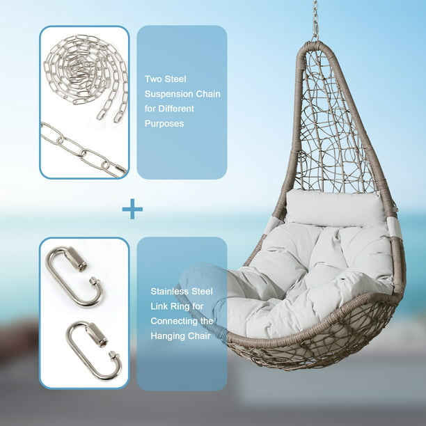 Outdoor Wicker Hanging Chair Swing, Patio Hanging Basket Swing Chair with Hanging Steel Chain(Beige)