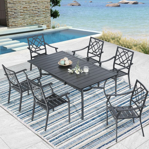 Outdoor Patio Rectangular Metal Slatted Dining Table with Umbrella Hole for 6 Person