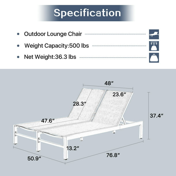 Patio Aluminum Double Textilene Chaise Lounge Outdoor Adjustable Recliner Chairs with Wheels (Navy)
