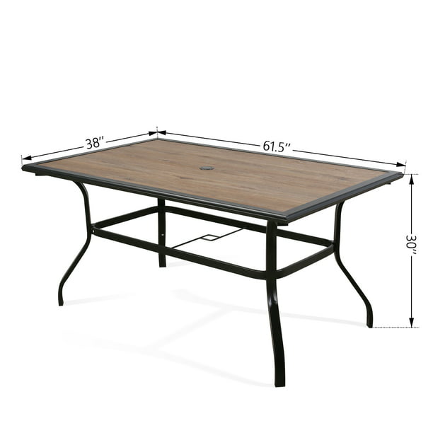 Patio Outdoor 61.5" Rectangular Dining Table, Metal Frame & Wood-Like Tabletop with 1.57” Umbrella Hole for 6 Person