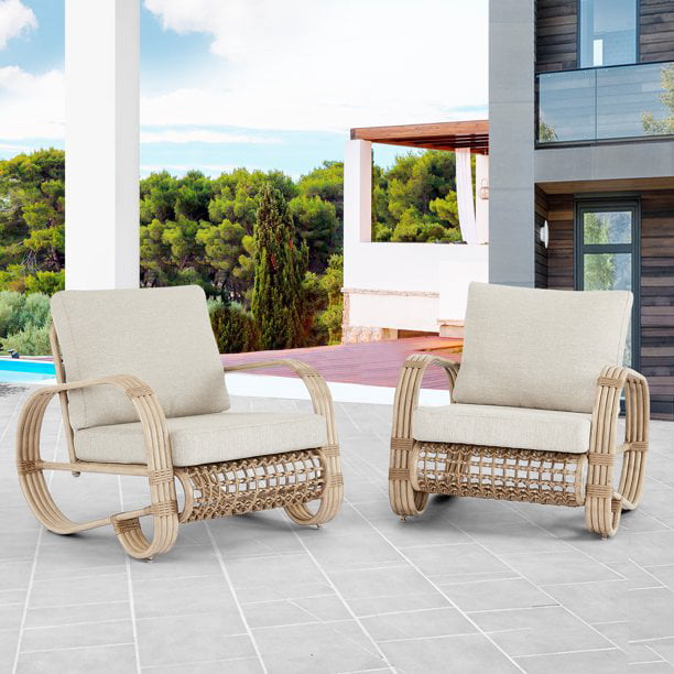 Patio Hand-Brush Aluminum Club Chairs Set of 2 Outdoor Luxury Wicker Armchairs with Olefin Cushions