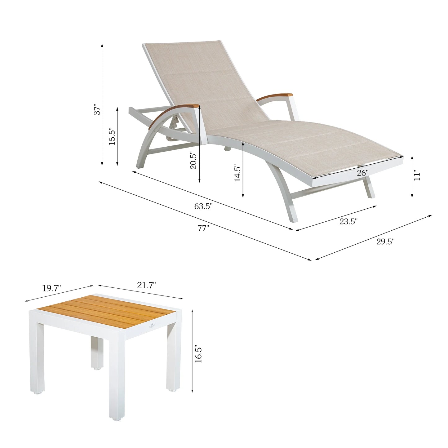 Chambray 3-Piece Outdoor Chaise Lounge Set With Oatmeal Phifertex® Sling Fabric