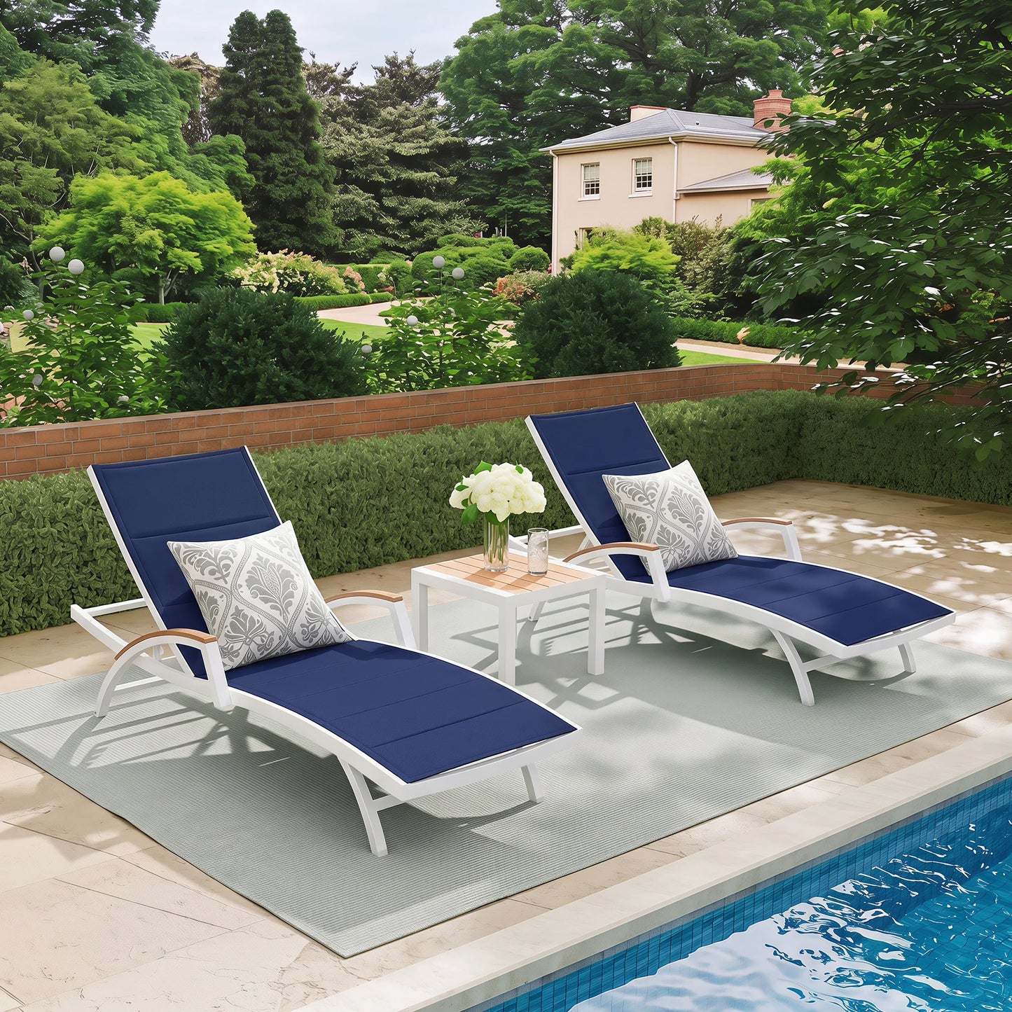 Chambray outdoor chaise lounge set for poolside, curved S contour aluminum patio lounge chairs with Phifertex fabric and teak side table, coastal backyard resort furniture