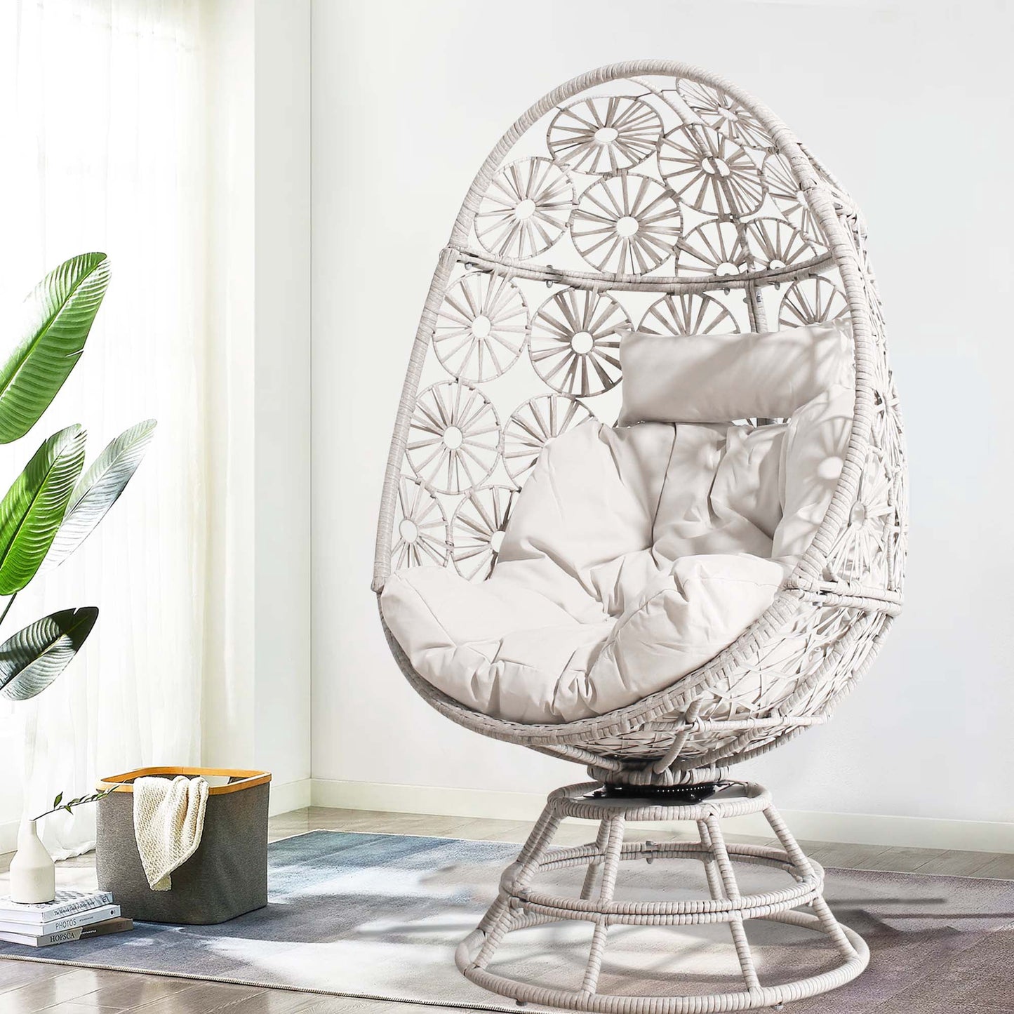 Wicker Egg Chair Indoor Outdoor Swivel Lounge Egg Chair with Cushions for Patio, Backyard, Living Room