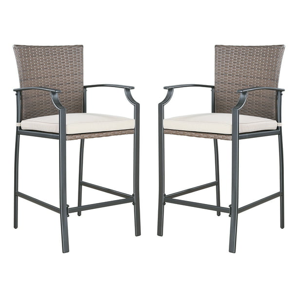 2 Pieces Patio Metal Bar Stools Outdoor Woven Wicker Height Bistro Chairs with Beige Seat Cushions