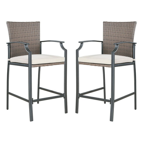 Patio Metal Bar Stools Outdoor Woven Wicker Height Bistro Chairs with Beige Seat Cushions