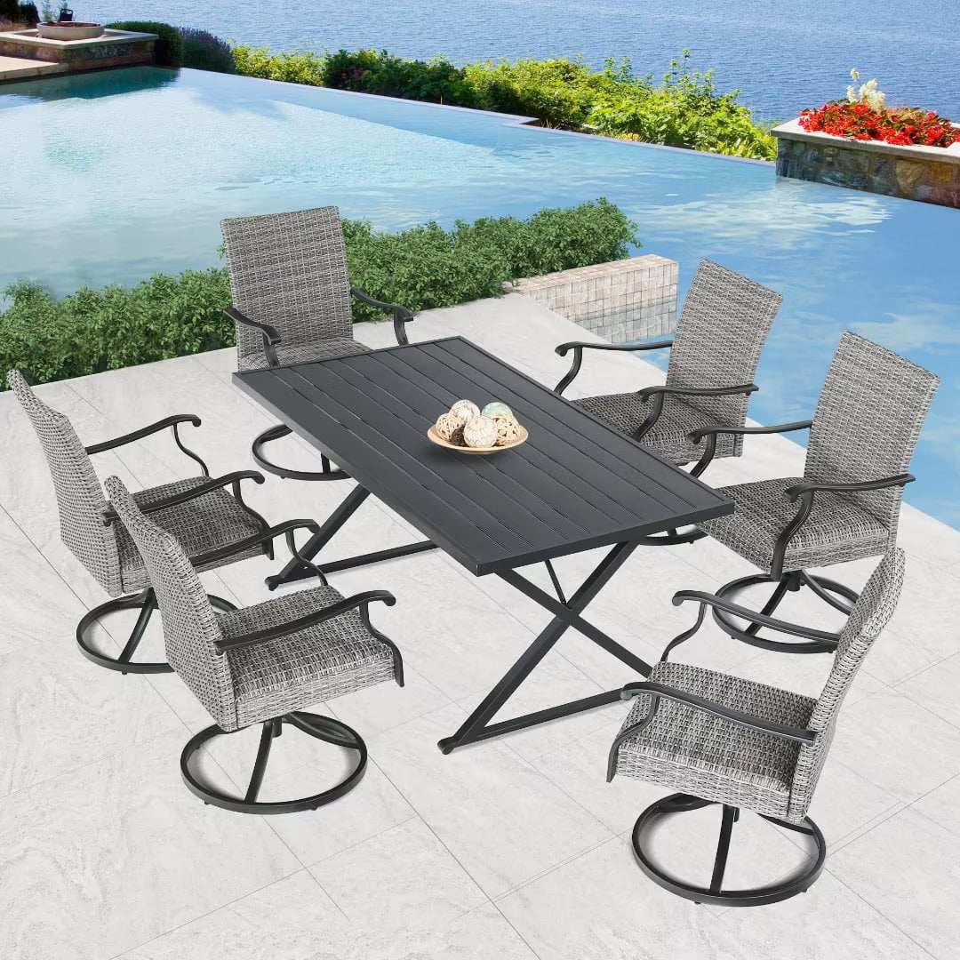 7 Pieces Patio Dining Set with 6 Swivel Wicker Dining Chairs, Rectangular 67.75"L Woodiness Grains Dining Table with 1.57” Umbrella Hole