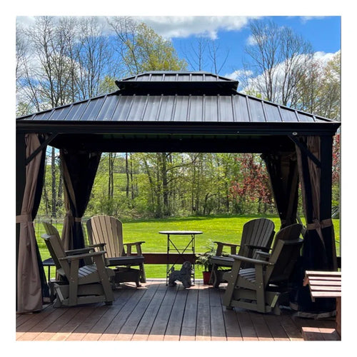 10Ft x 12Ft Patio Hardtop Gazebo Outdoor Aluminum Pergola with Galvanized Steel Roof Canopy, Polyester Curtain and Mosquito Net