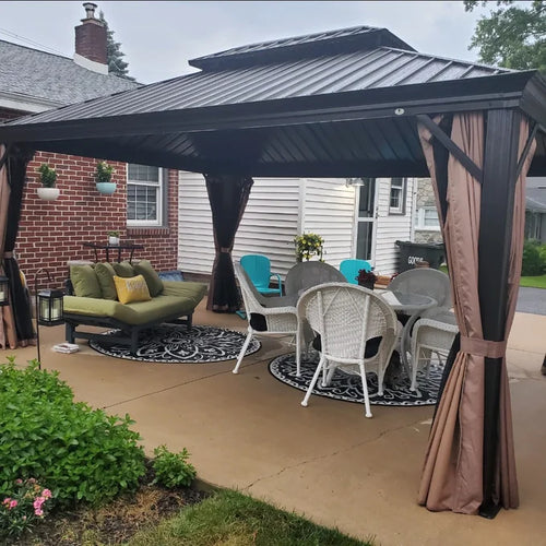 12Ft x 16Ft Patio Hardtop Gazebo Outdoor Aluminum Pergola with Galvanized Steel Roof Canopy, Polyester Curtain and Mosquito Net