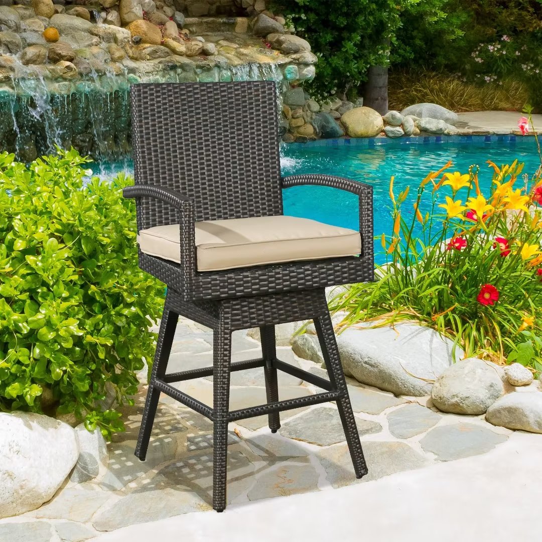 1 Piece Outdoor Wicker Bar Stools Patio All-Weather Rattan Swivel Dining Chairs with Cushion, Brown