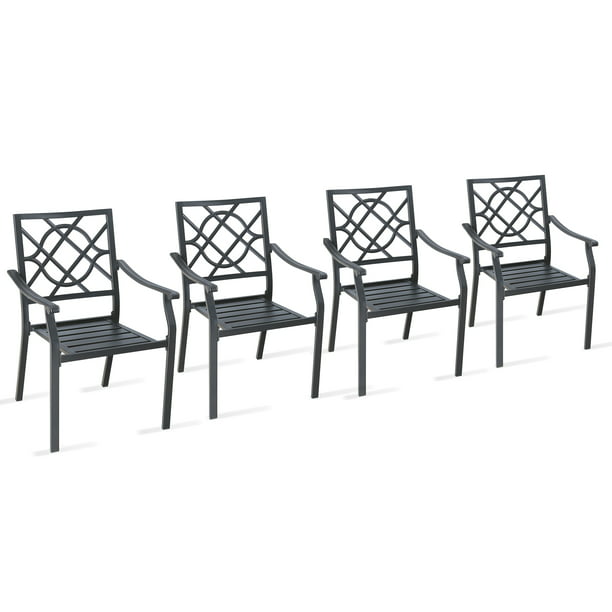 Patio Stacking Metal Dining Arm Chairs with Steel Slat Seat, Set of 4
