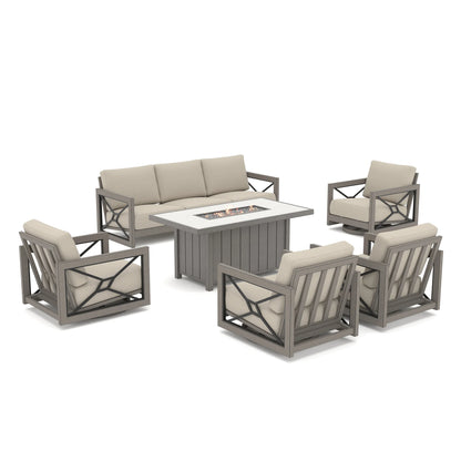 Studio product shot of the estate-sized Marindo patio swivel deep seating set isolated on a white background, featuring four swivel chairs and a sofa arranged around a lit propane fire table with active flames.