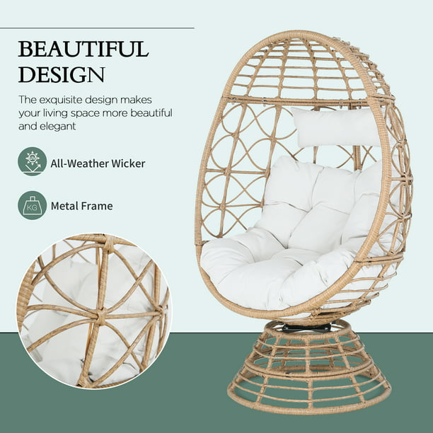 Outdoor All-weather Rattan Swivel Egg Chair Indoor Wicker Lounger with Cushions for Patio, Backyard, Living Room, Off-White