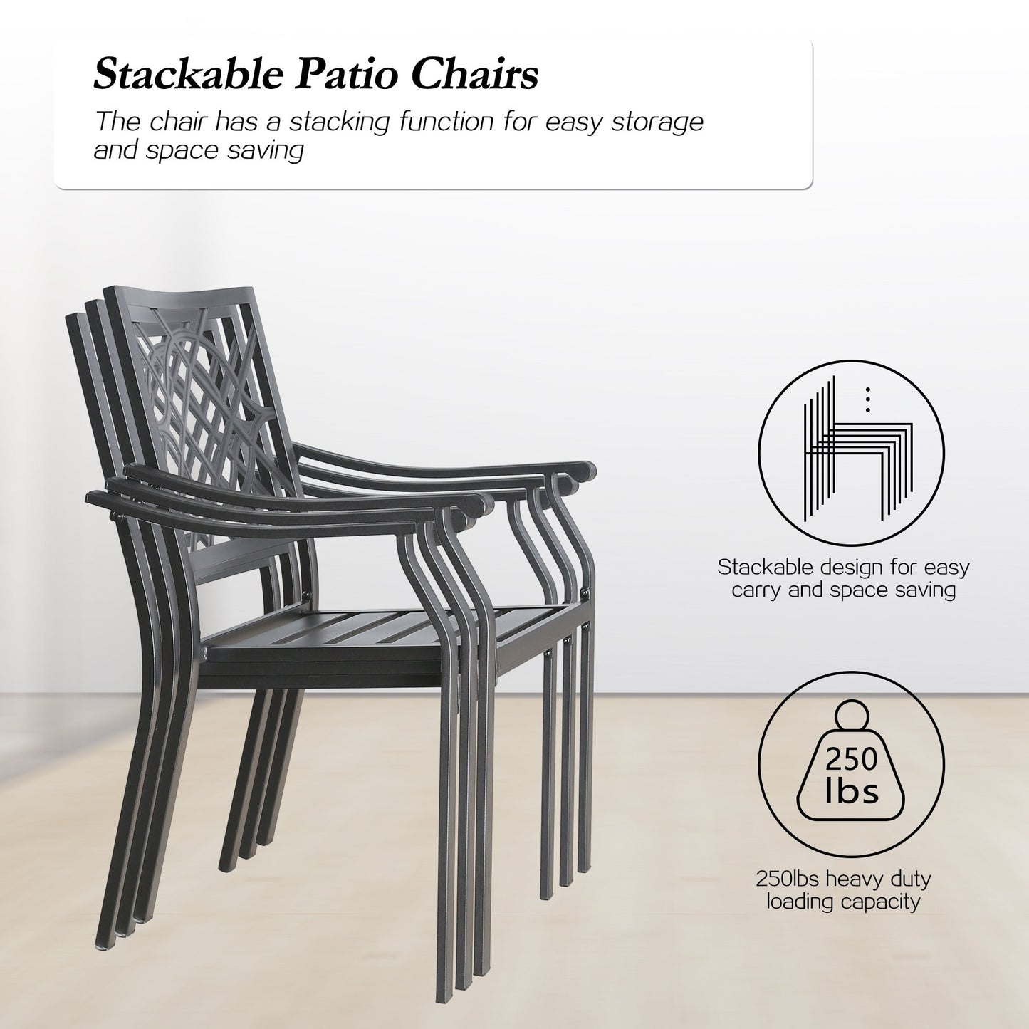 Patio Stacking Metal Dining Arm Chairs with Steel Slat Seat, Set of 2