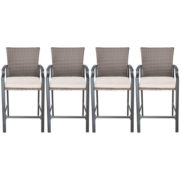 4 Pieces Metal Bar Stools Outdoor Woven Wicker Height Bistro Chairs with Beige Seat Cushions