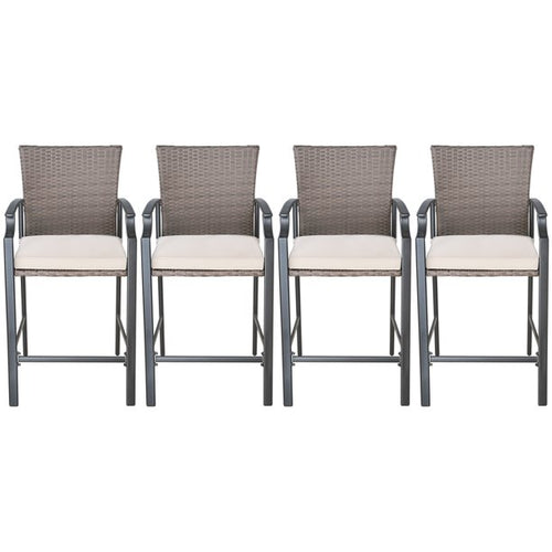 Patio Metal Bar Stools Outdoor Woven Wicker Height Bistro Chairs with Beige Seat Cushions