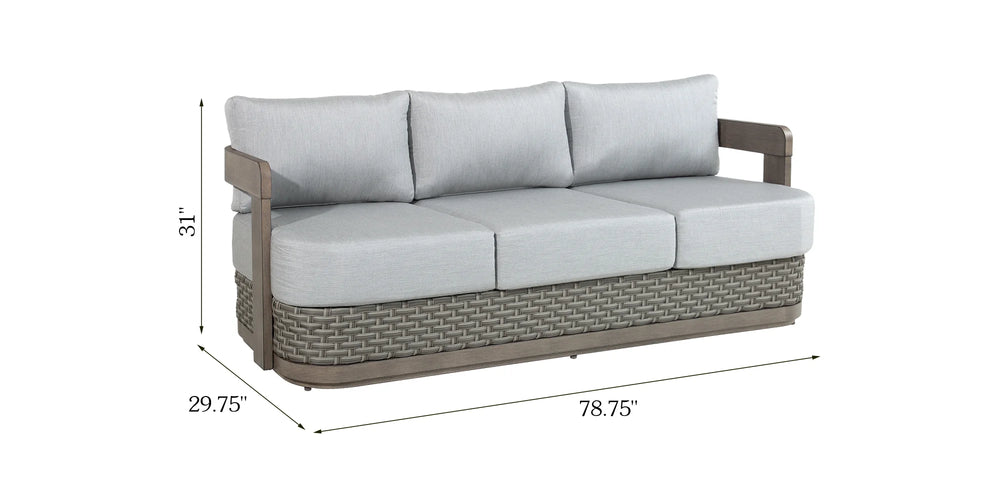 Dimension layout diagram of the Manarola 3-seater patio sofa showing 78.75 inches length, 29.75 inches depth, and 31 inches height.