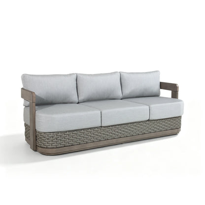 Studio product shot of the complete Manarola gray curved 3-seater fixed outdoor patio couch isolated on a clean white background.
