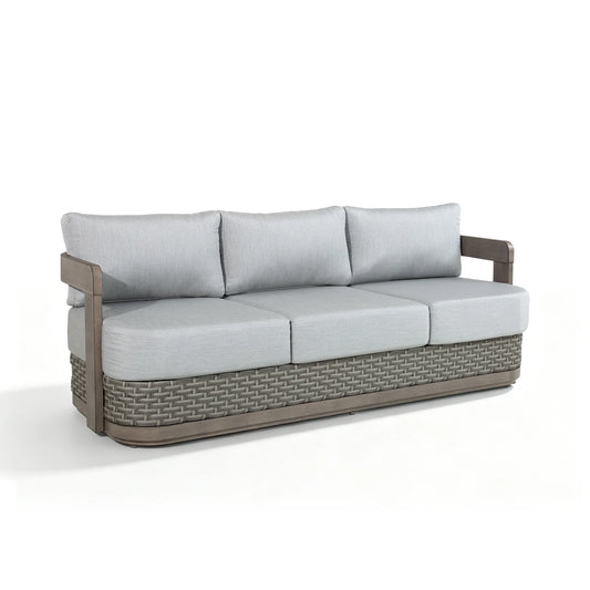 Studio product shot of the complete Manarola gray curved 3-seater fixed outdoor patio couch isolated on a clean white background.
