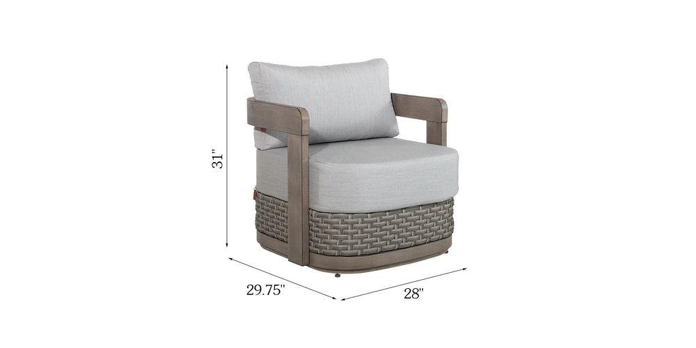 Product dimensions diagram of the Manarola fixed club chair showing a height of 31 inches, depth of 29.75 inches, and width of 28 inches.