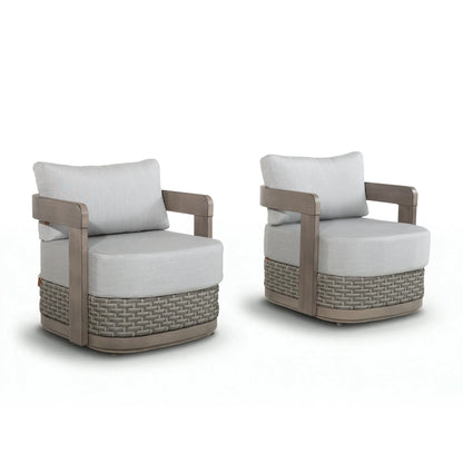 Studio product image showing a matching pair of two Manarola modern gray fixed outdoor lounge chairs against a white backdrop.