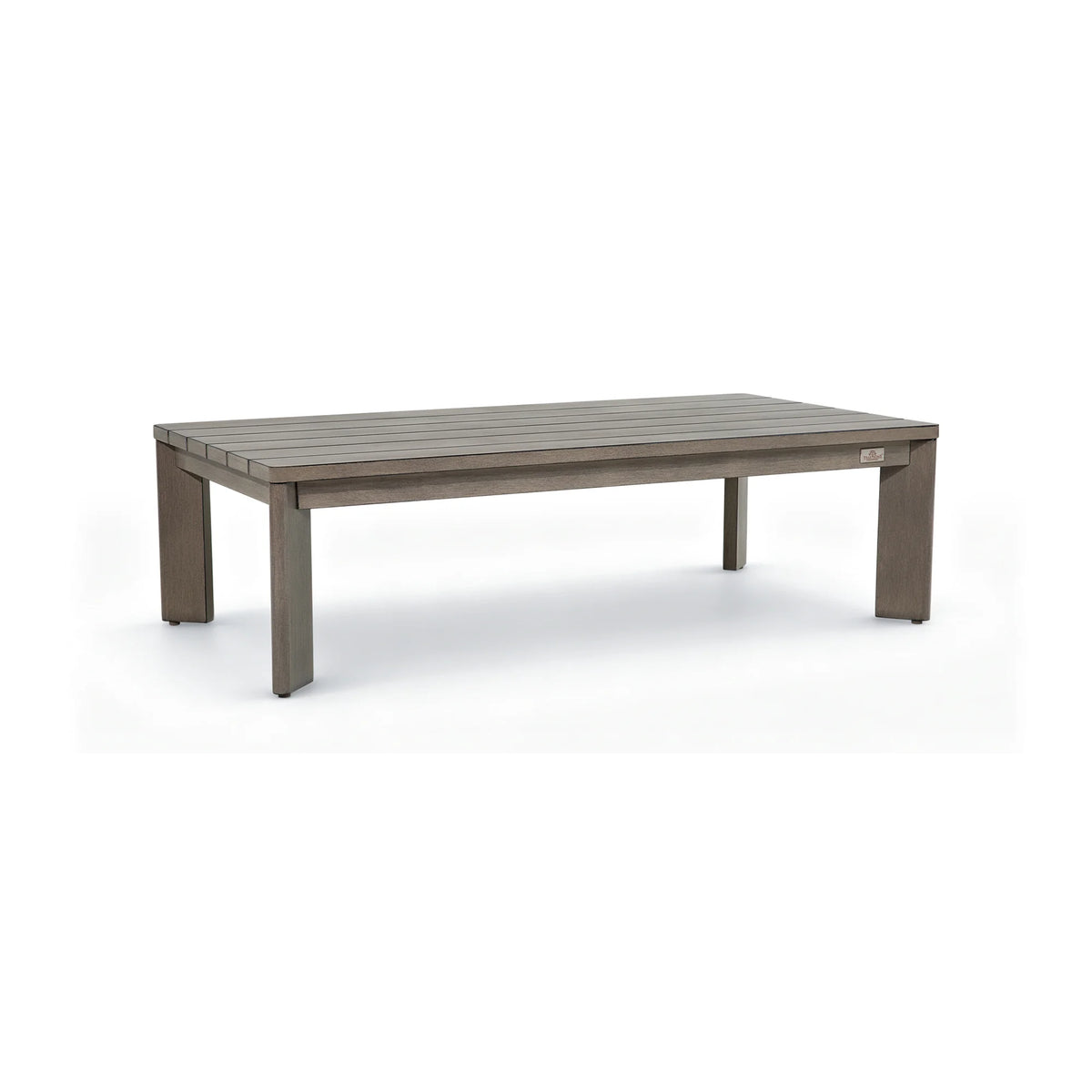 Isolated studio product shot of the complete Manarola grey slatted aluminum outdoor coffee table against a clean white background.