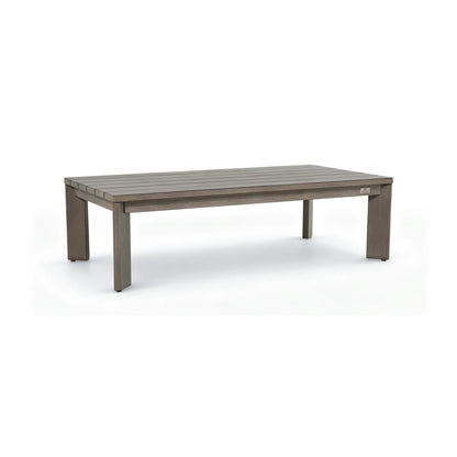 Isolated studio product shot of the complete Manarola grey slatted aluminum outdoor coffee table against a clean white background.