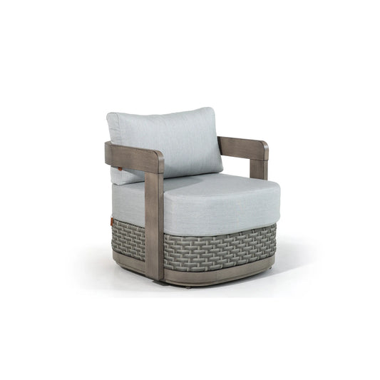 Front product studio shot of a single Manarola gray curved fixed club chair isolated on a white background.