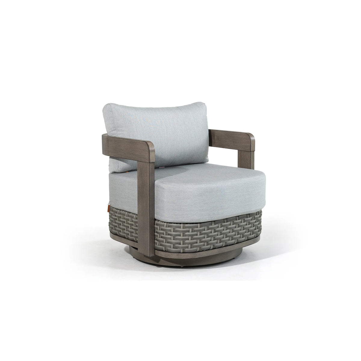 Isolated studio product shot of the complete Manarola gray curved swivel club chair against a clean white background.
