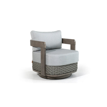 Isolated studio product shot of the complete Manarola gray curved swivel club chair against a clean white background.

