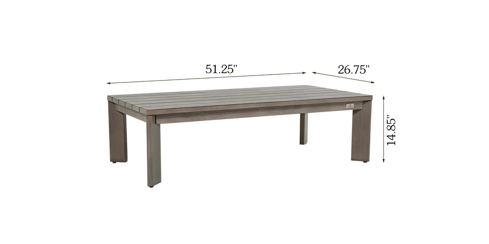 Product dimensions diagram of the Manarola coffee table showing 51.25 inches length, 26.75 inches width, and 14.85 inches height.