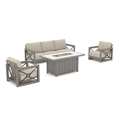Studio product shot of the Marindo 4-piece patio set on a white background, featuring a 3-seat sofa, two club chairs with beige Sunbrella cushions, and a rectangular aluminum fire pit table with an active flame.