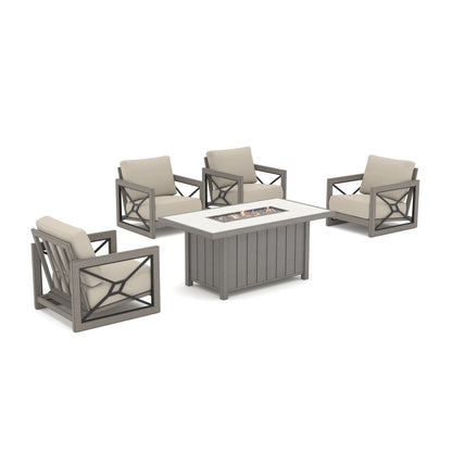 Studio product shot of the Marindo 4-seat structural patio combo against a white background, showcasing an active amber flame on the stainless steel burner surrounded by matching fixed-base club chairs.