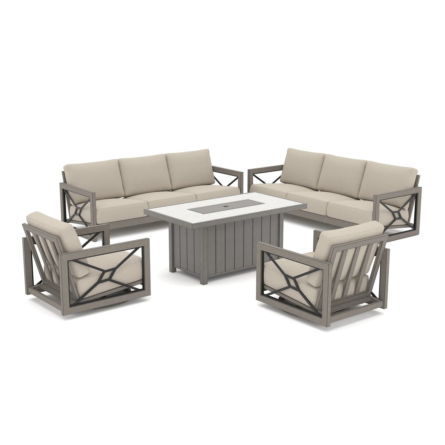 Studio look of the Marindo 5-piece luxury all-weather patio setup on a white background, featuring dual 3-seat sofas, two swivel club chairs with taupe cushions, and a covered rectangular fire table.