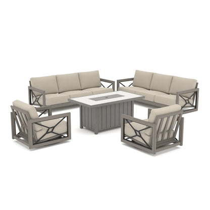 Studio look of the Marindo 5-piece luxury all-weather patio setup on a white background, featuring dual 3-seat sofas, two swivel club chairs with taupe cushions, and a covered rectangular fire table.