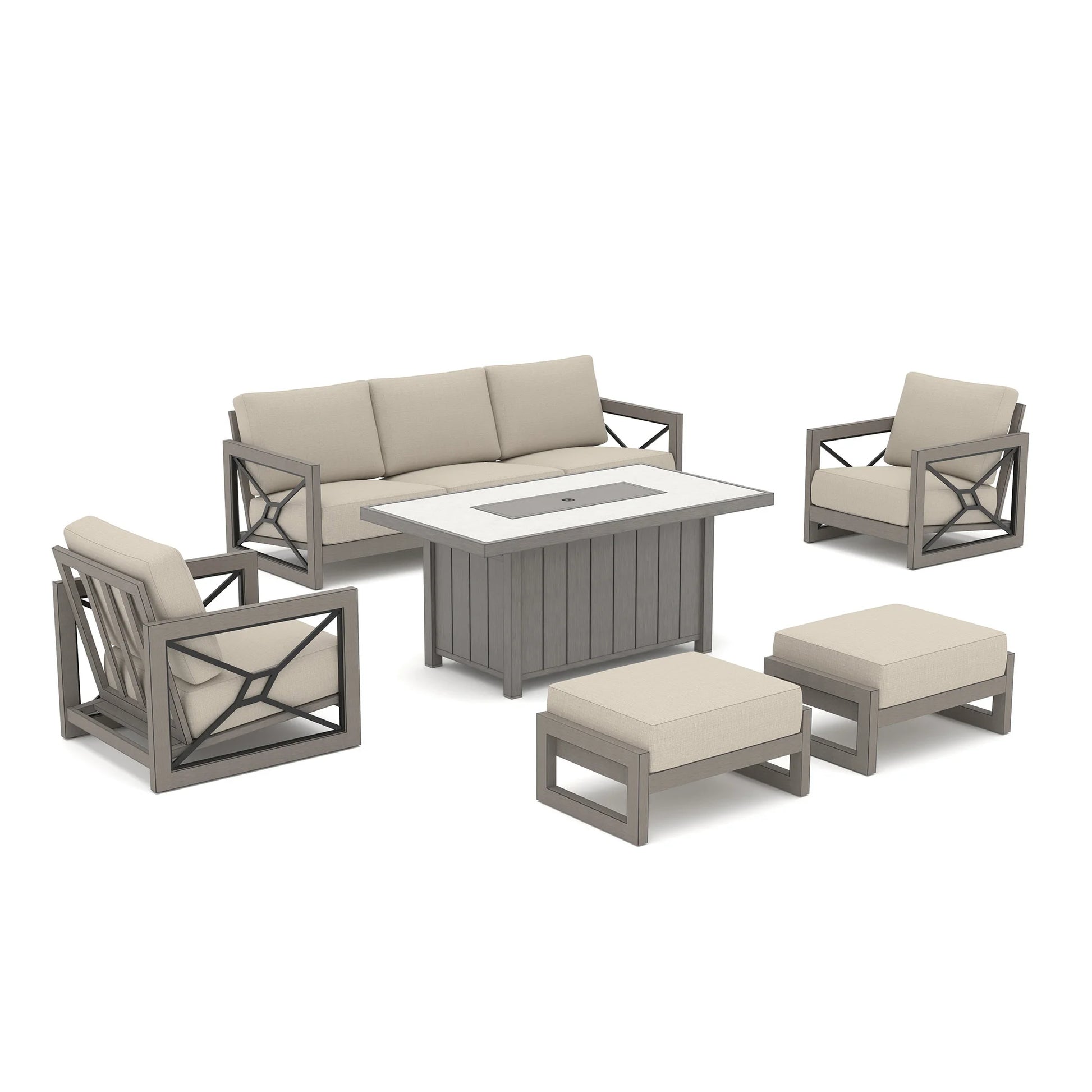 Studio view of the Marindo 6-piece low-maintenance patio furniture set on a white background, featuring a 3-seat sofa, two club chairs, two ottomans, and a covered rectangular fire pit table.