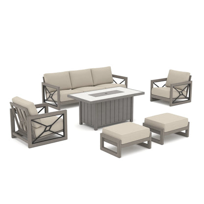 Studio view of the Marindo 6-piece low-maintenance patio furniture set on a white background, featuring a 3-seat sofa, two club chairs, two ottomans, and a covered rectangular fire pit table.