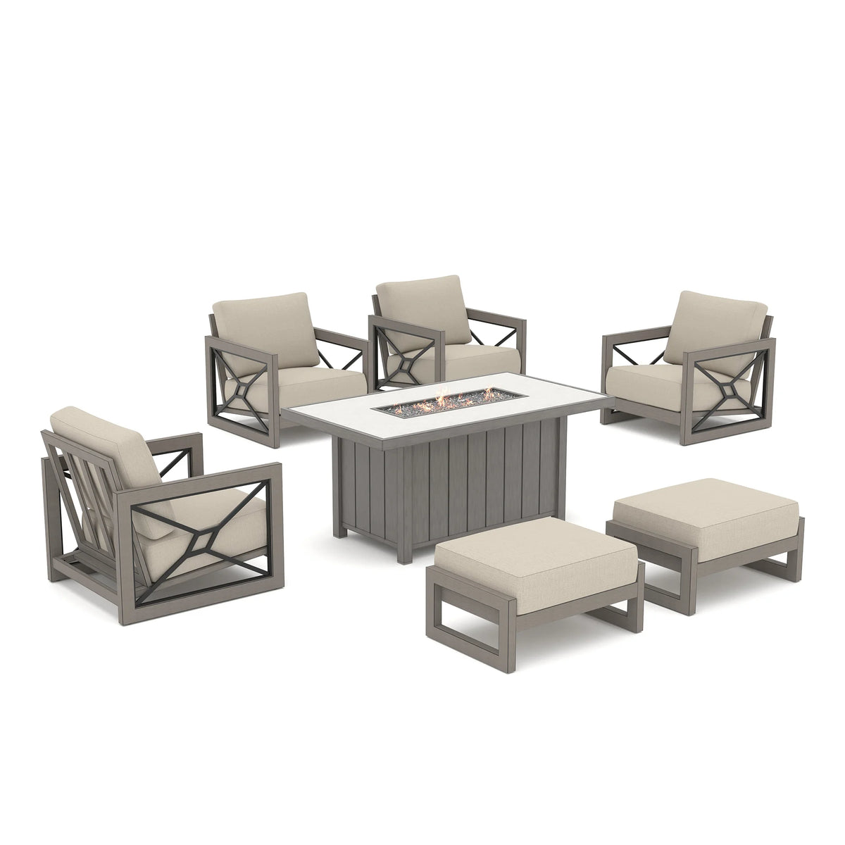 Isolated view of the Marindo 7-piece aluminum fire pit combo with ottomans on a white background, showcasing active amber flames and flexible seating arrangements.