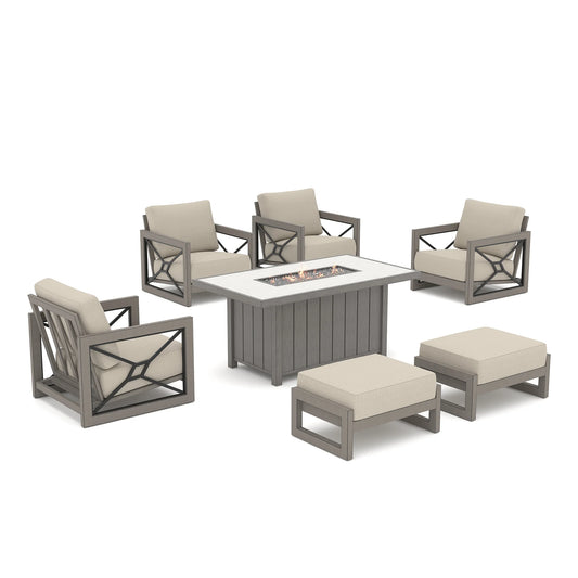 Isolated view of the Marindo 7-piece aluminum fire pit combo with ottomans on a white background, showcasing active amber flames and flexible seating arrangements.