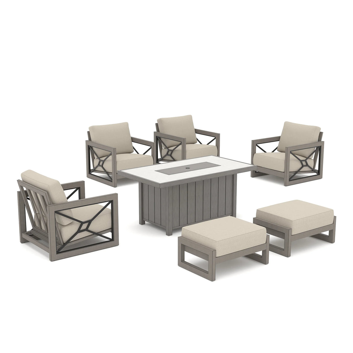 Studio catalog shot of the Marindo 7-piece modular outdoor lounge against a white background, containing four fixed club chairs and two separate cushion ottomans encircling a covered propane fire table.