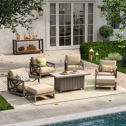 Bright daylight view of the Marindo 7-piece panoramic patio layout, showcasing four aluminum swivel chairs with round bases and beige cushions paired with two versatile footrests by a pool.