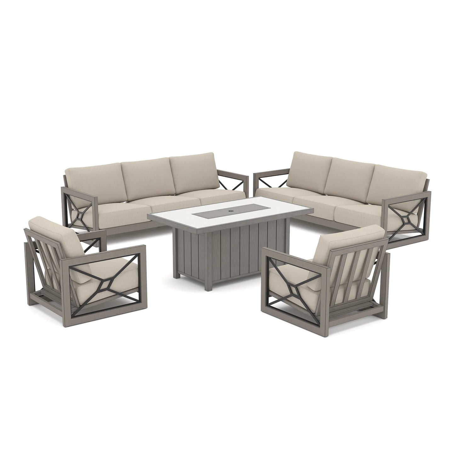 Studio view of the Marindo 8-piece low-maintenance outdoor furniture set isolated on a white background, featuring dual 3-seat sofas, two fixed club chairs, and a covered rectangular propane fire table.