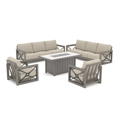 Studio view of the Marindo 8-piece low-maintenance outdoor furniture set isolated on a white background, featuring dual 3-seat sofas, two fixed club chairs, and a covered rectangular propane fire table.