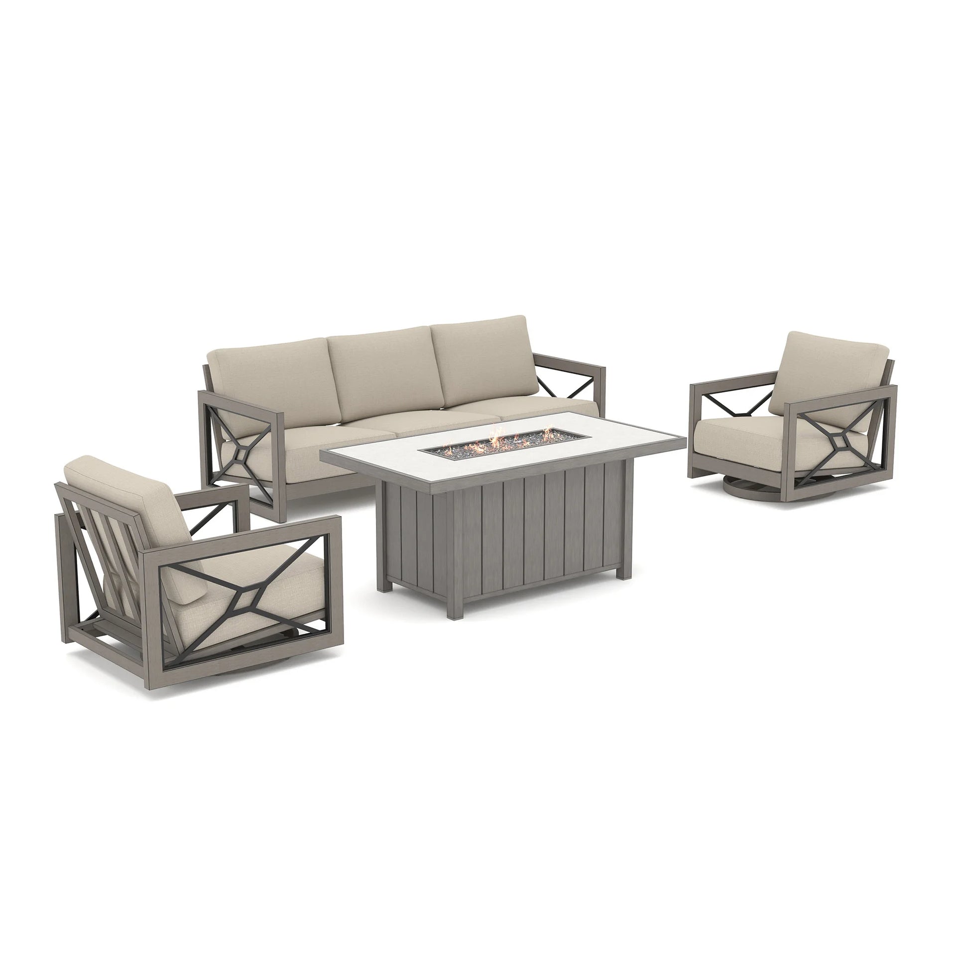 Studio product shot of the Marindo 4-piece outdoor conversation set on a white background, featuring a 3-seat sofa, two swivel club chairs with beige Sunbrella cushions, and a rectangular fire pit table with an active glowing flame.