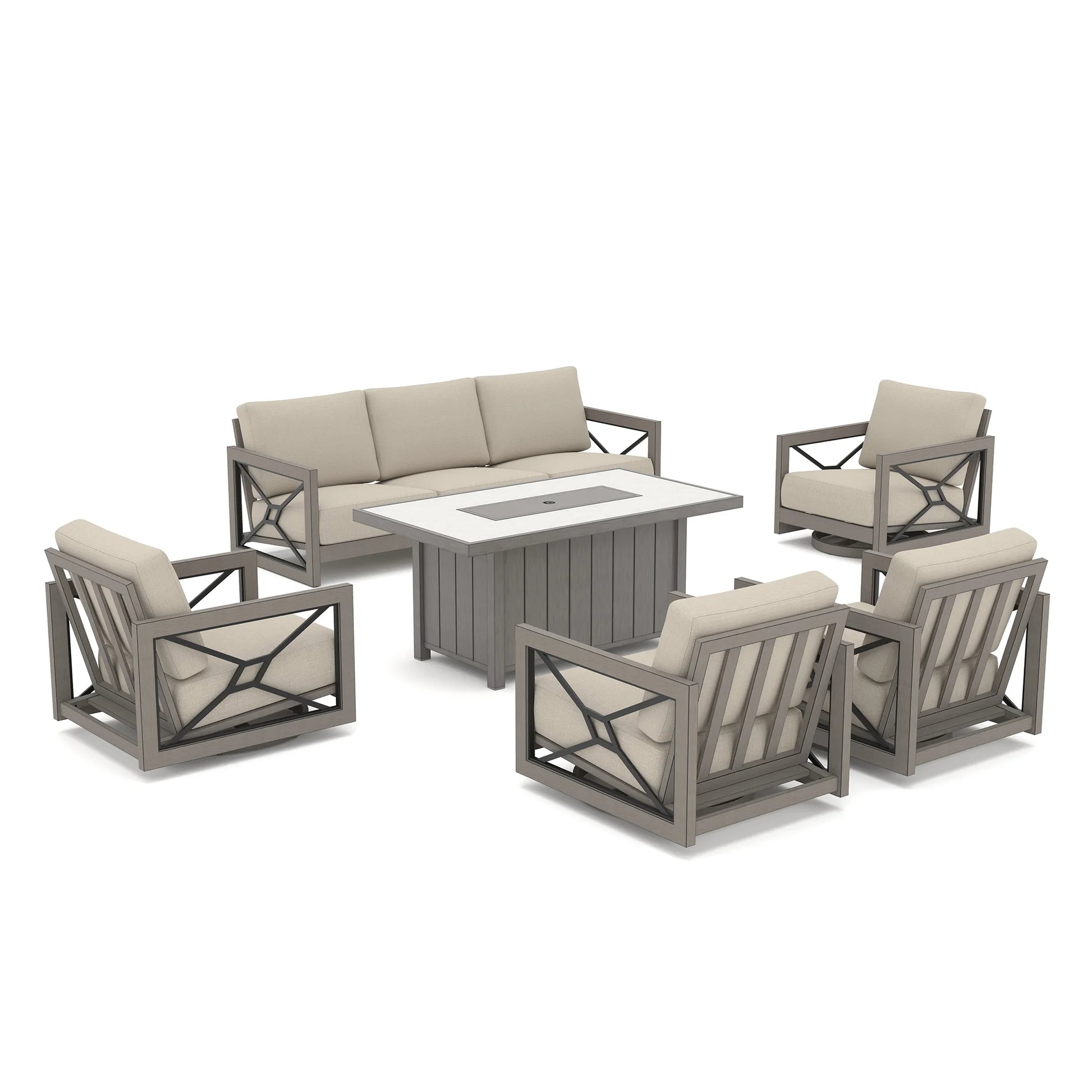 Studio view of the Marindo 6-piece large patio furniture set on a white background, showing a 3-seat sofa, four swivel club chairs with round bases, and a covered rectangular fire pit table.