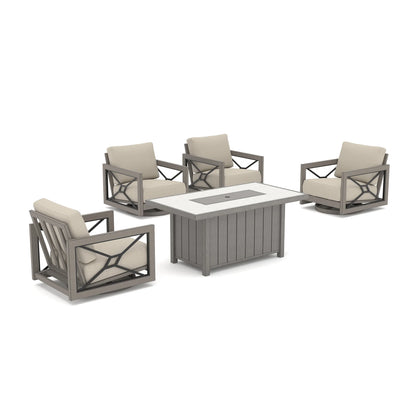 Studio view of the Marindo 5-piece low-maintenance faux-wood aluminum conversational combo isolated on a white background, displaying four swivel chairs and a covered rectangular fire table.