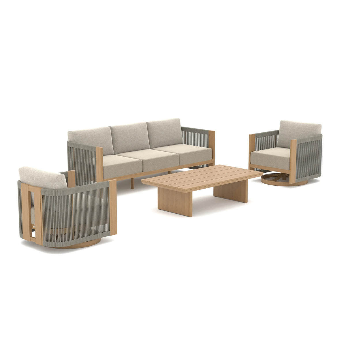 Clean studio cutout of the Positano patio set showcasing two rope-wrapped swivel armchairs, a low rectangular coffee table, and a three-person sofa.