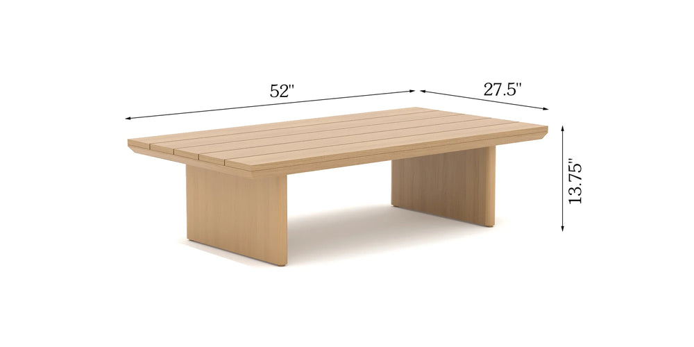 Line drawing schematic showing the 52-inch length, 27.5-inch width, and 13.75-inch height dimensions of a rectangular aluminum patio coffee table.