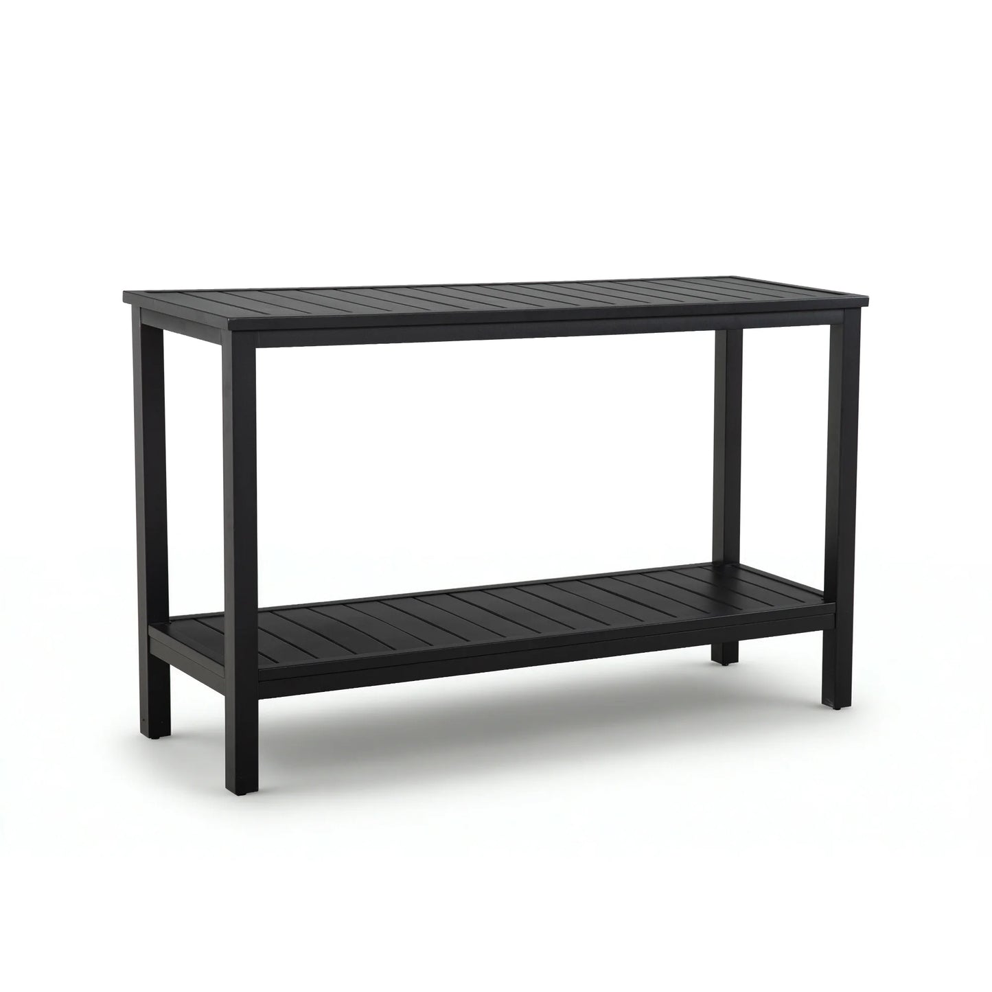 Studio product shot of the Saporta 2-tier matte black outdoor buffet bar table with a slatted design isolated on a clean white background.